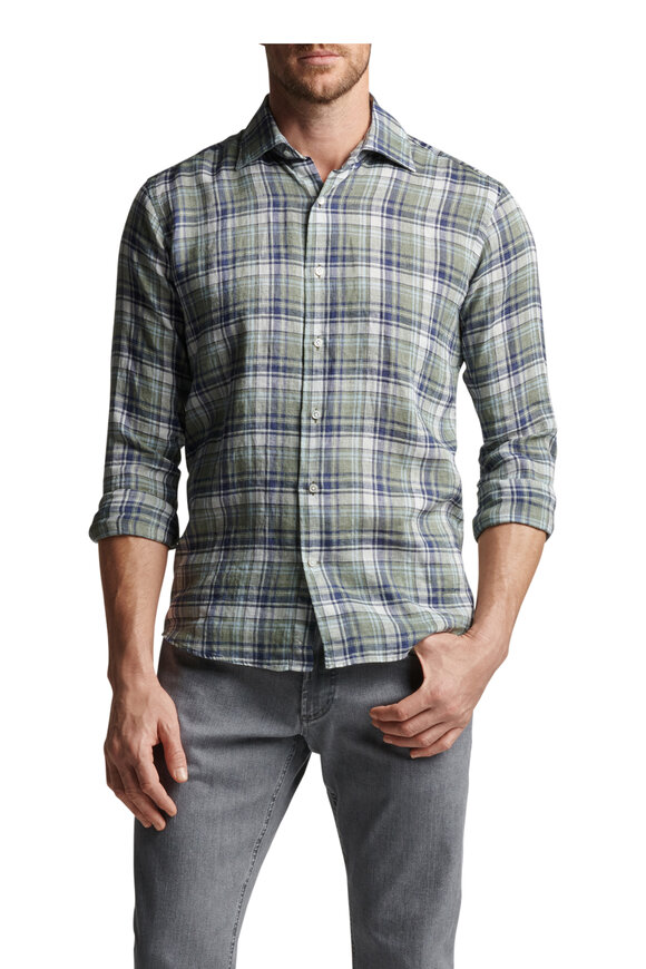 Peter Millar - Polperro Herb Green Plaid Linen Sport Shirt