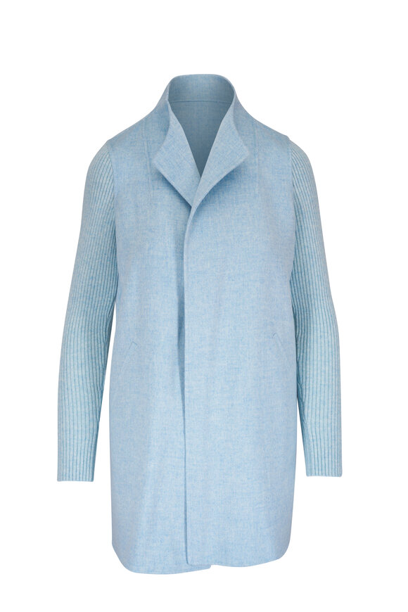 Kinross Surf Blue Wool & Cashmere Ribbed Sleeve Jacket