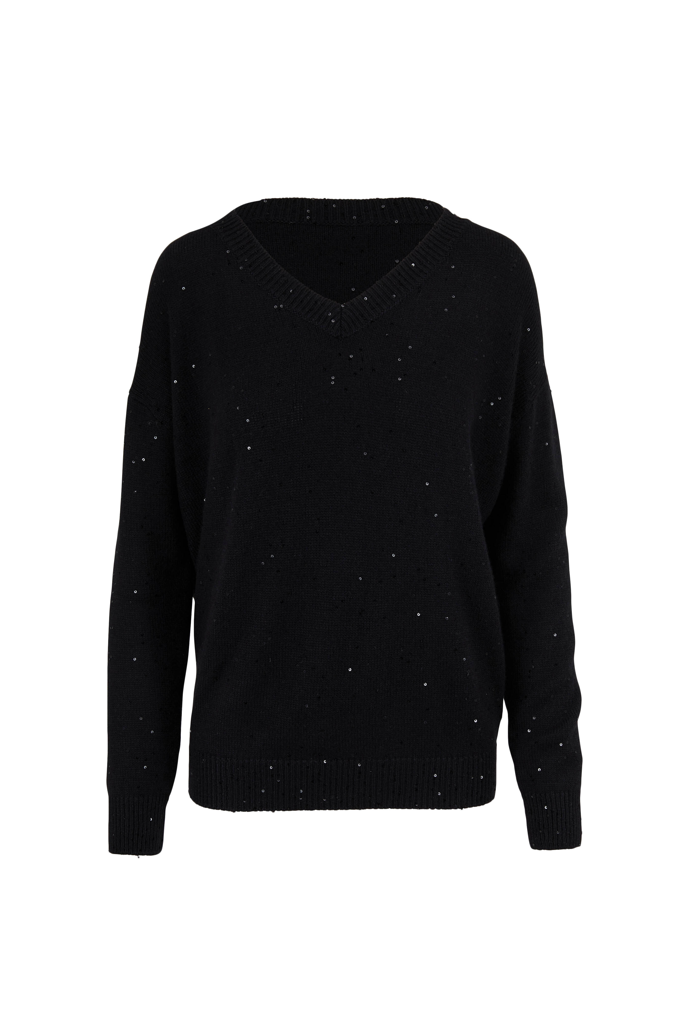 Brunello Cucinelli - Black Cashmere & Silk Pailette V-Neck Sweater