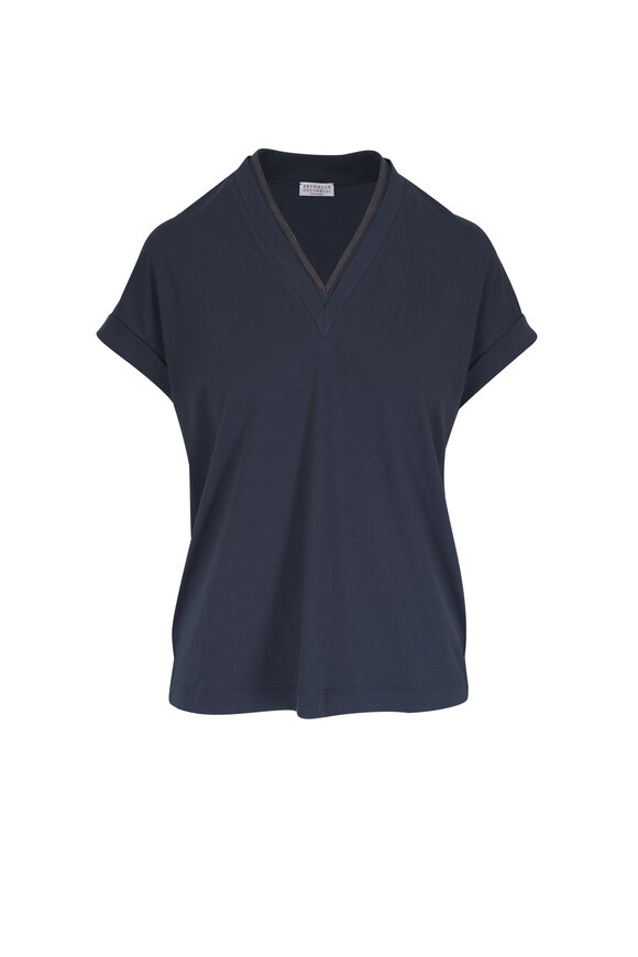 Brunello Cucinelli Navy Monili Trim V-Neck Top