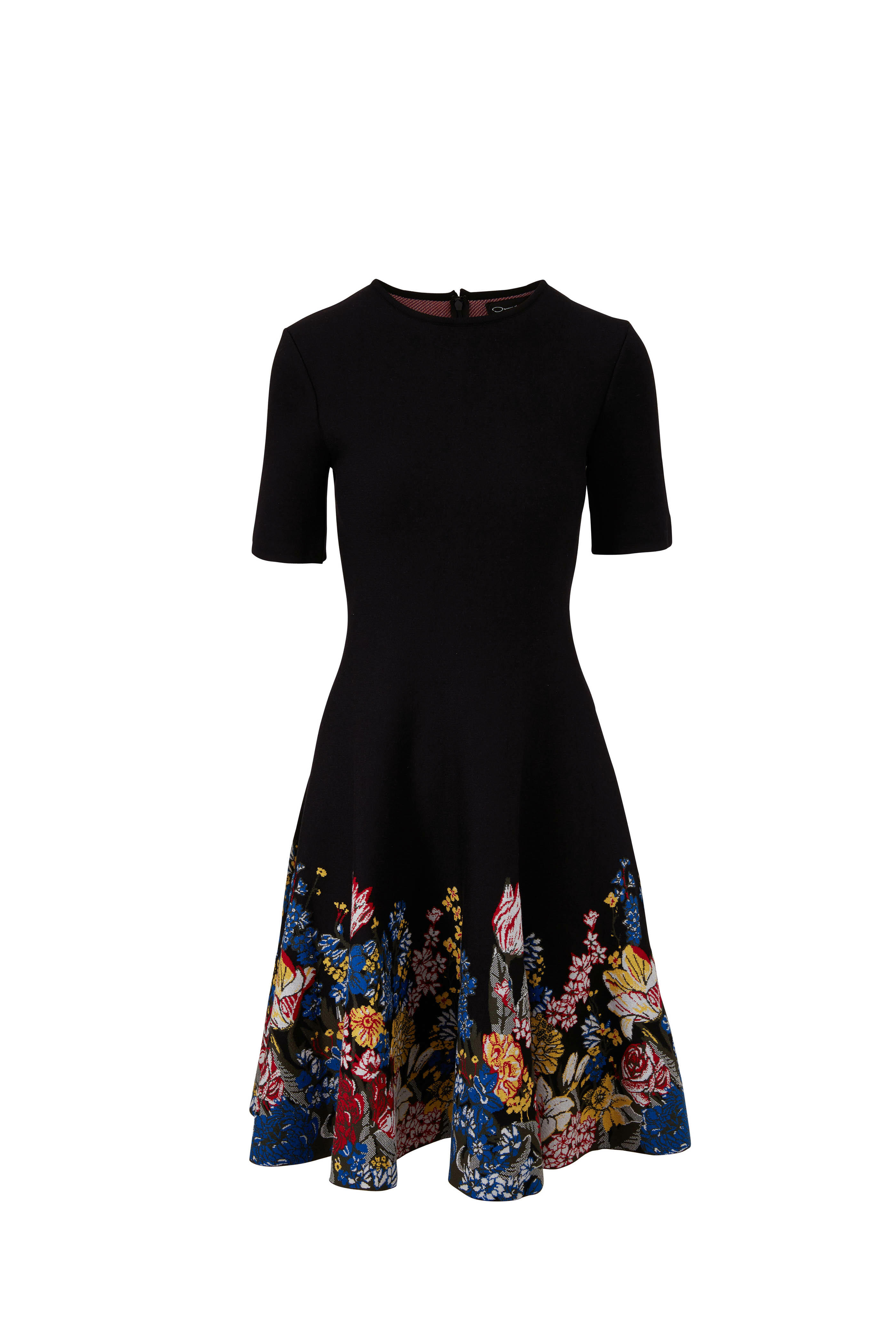 Oscar de la Renta - Black Bouquet Print Short Sleeve Knit Dress