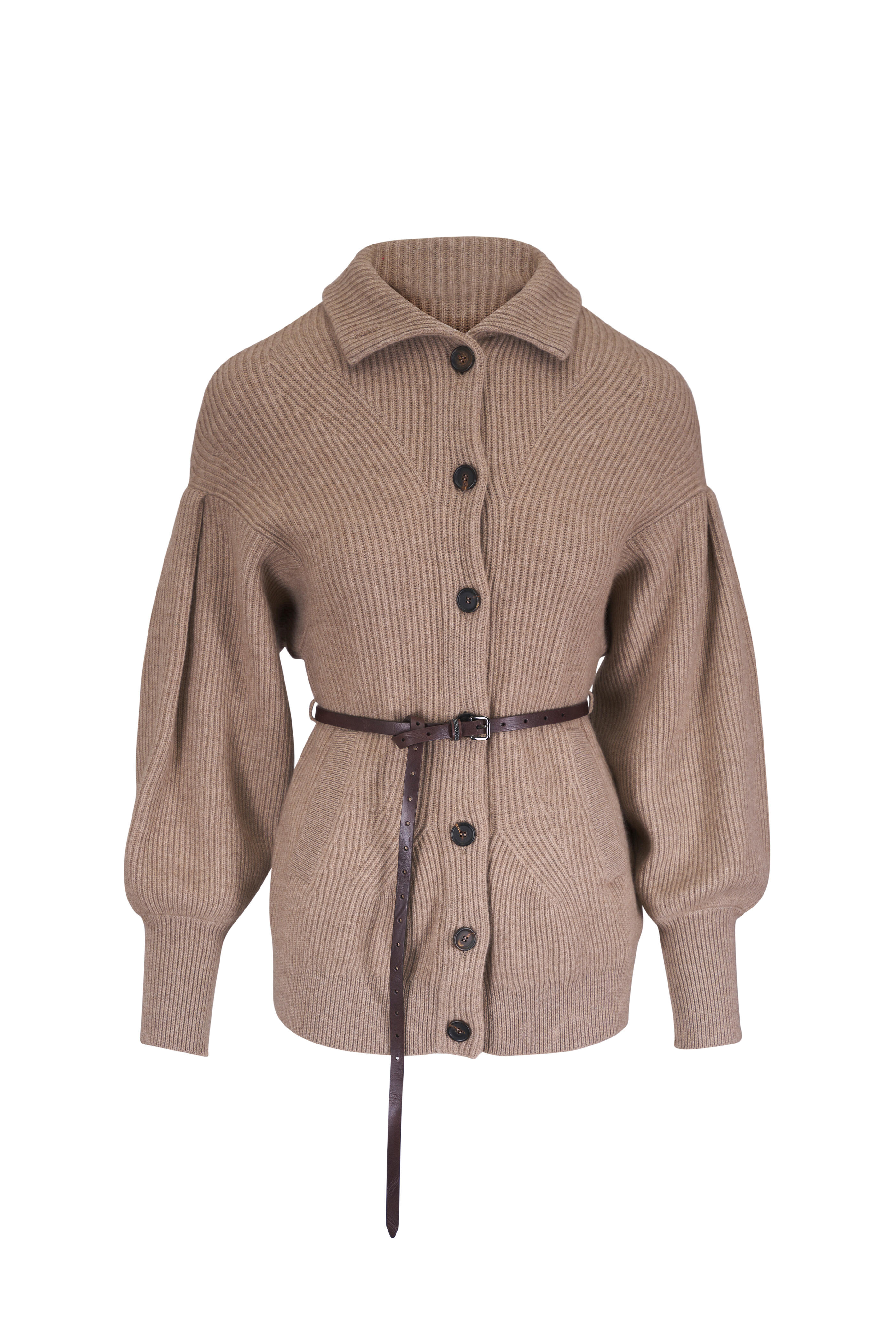 Brunello Cucinelli - Light Brown Wool, Cashmere & Silk Belted Cardigan - view 1