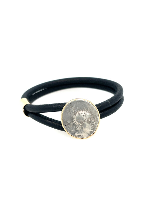 Ellen Hoffman Black Leather & Silver Drachma Bracelet - view 1