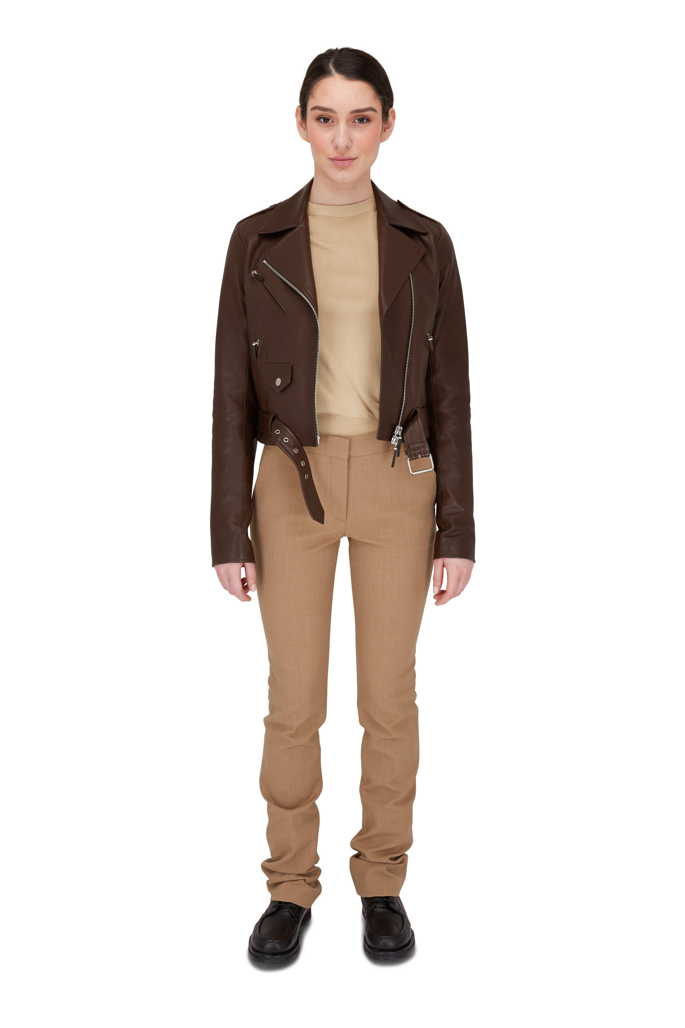 The Row Perlin Espresso Soft Leather Cropped Moto Jacket