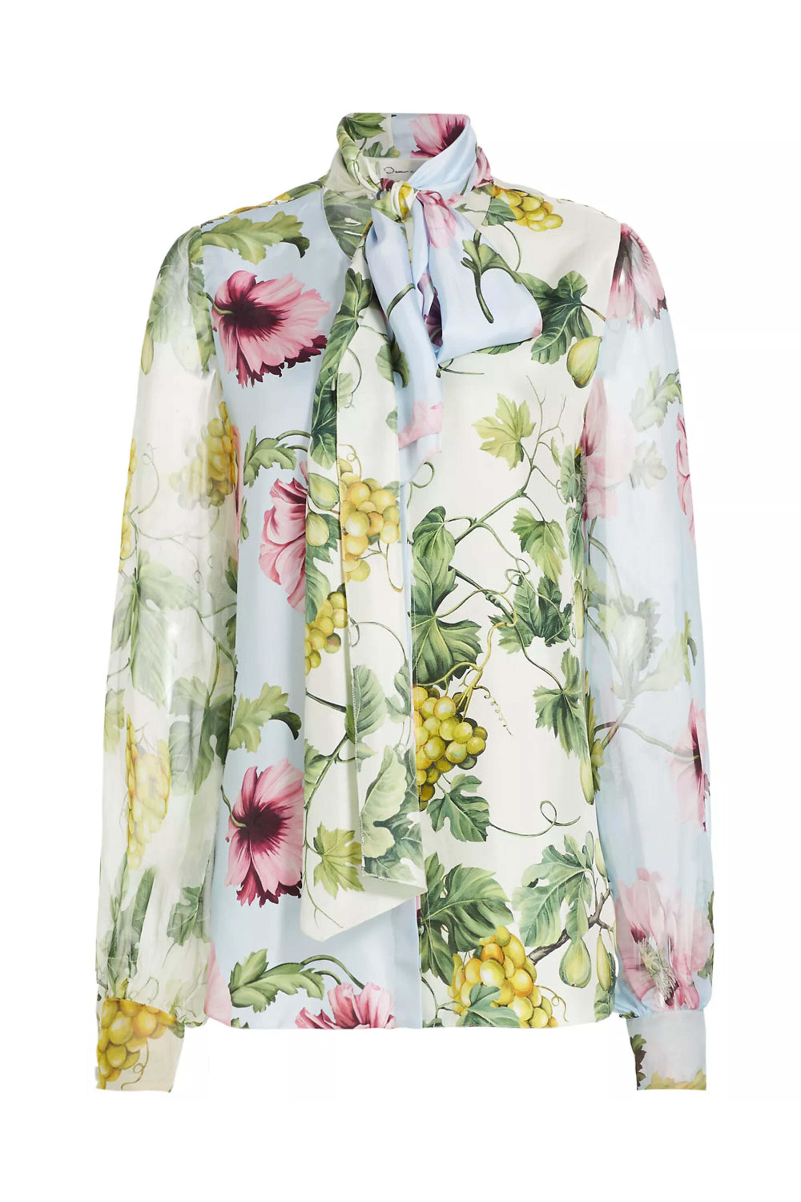 Oscar de la Renta - Poppy Print Long Sleeve Tie Neck Blouse