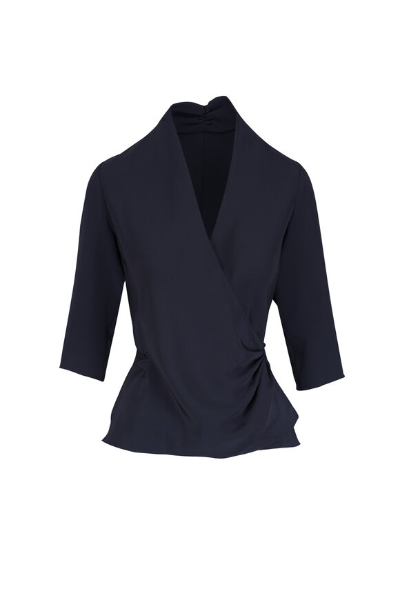 Peter Cohen 3/4 Sleeve Navy Blue 4-Ply Silk Wrap Top - view 1