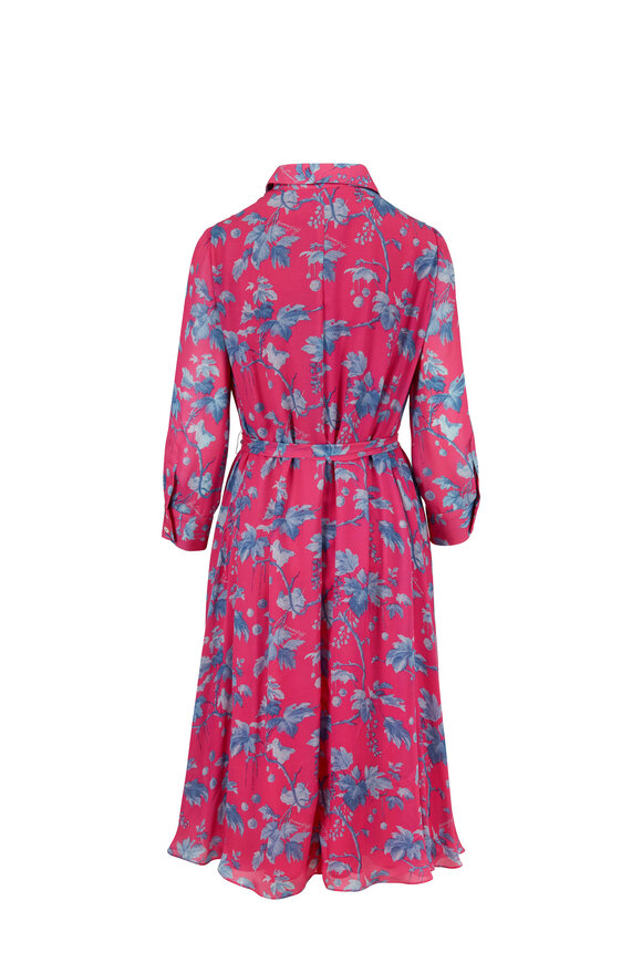 Carolina Herrera - Pink & Blue Floral Printed Belted Shirtdress 