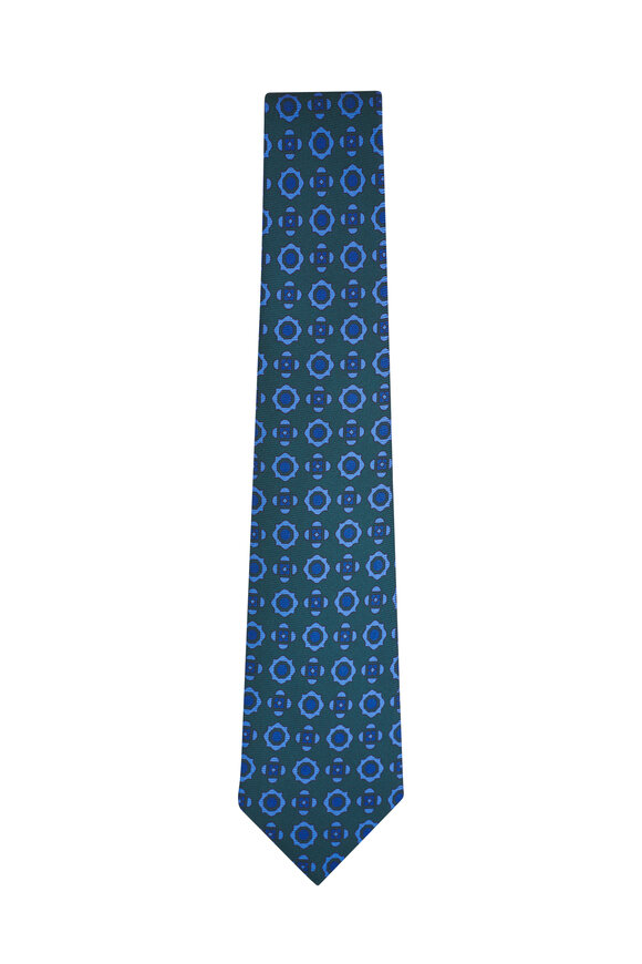 Kiton Green & Blue Medallion Print Silk Necktie