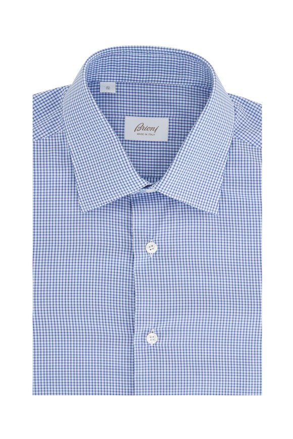 Brioni White & Blue Twill Check Cotton Dress Shirt 