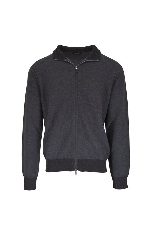 Zegna Gray Cashmere & Silk Full Zip Sweater