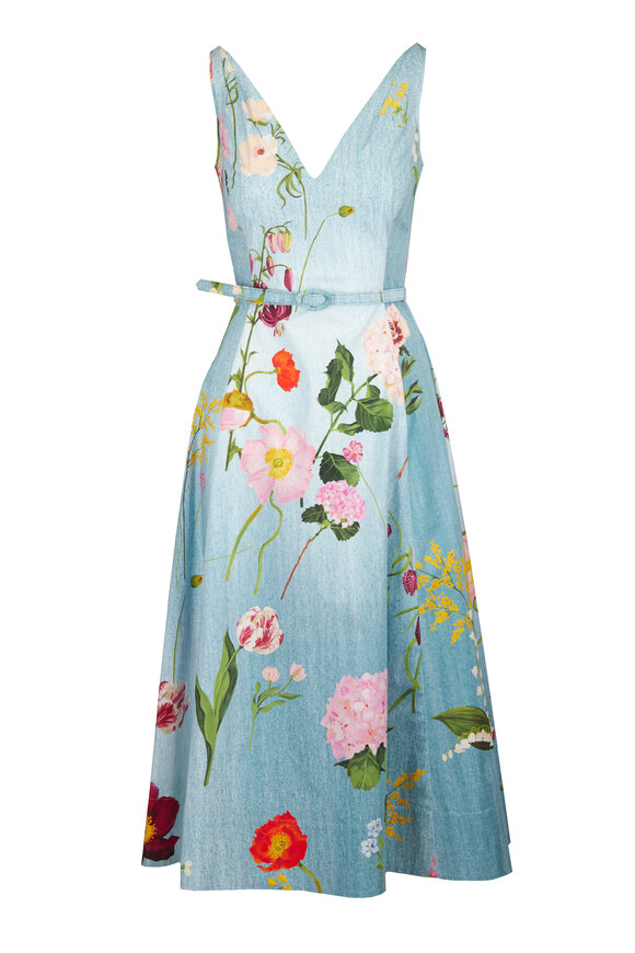 Oscar de la Renta Blue Mixed Botanical Cotton Poplin Dress - view 1