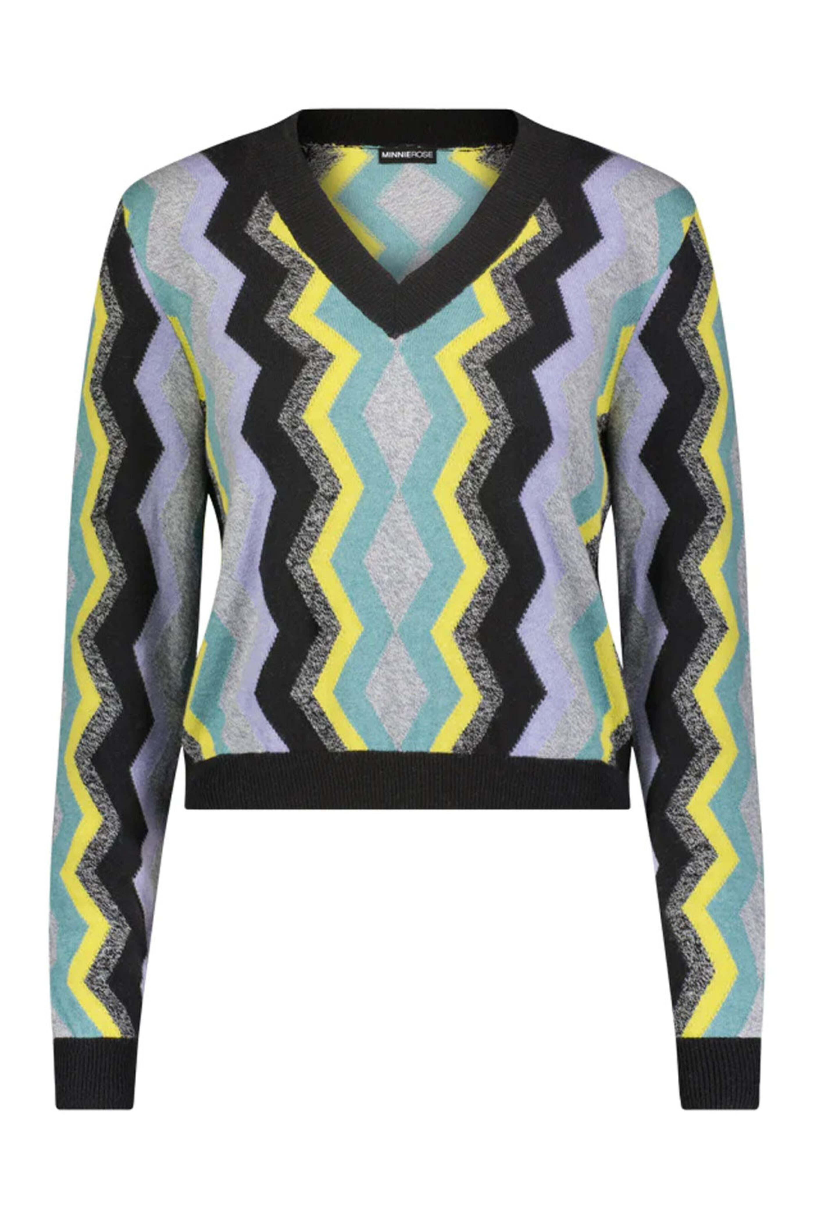 Minnie Rose - Multicolor Chevron V Neck Cashmere Sweater