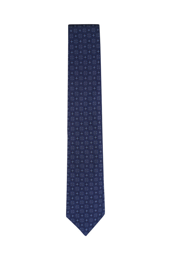 Brunello Cucinelli Blue Geometric Print Silk Necktie