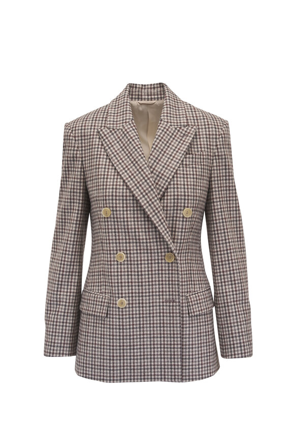 Brunello Cucinelli Multicolor Plaid Wool Double Breasted Blazer