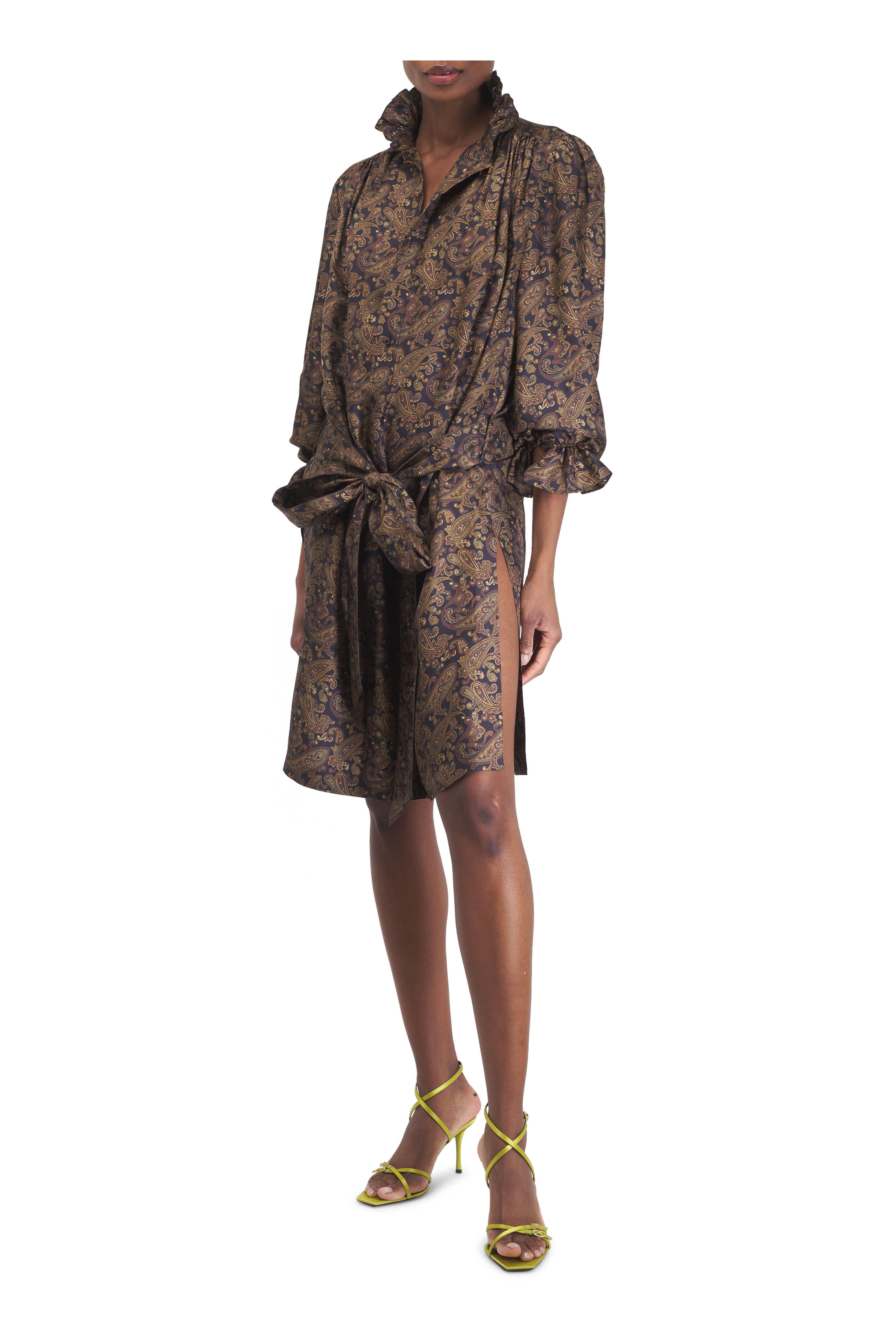 【関税込み】saint laurent PAISLEY PRINT DRESS Black Pleated tiered paisley-print metallic silk-blend