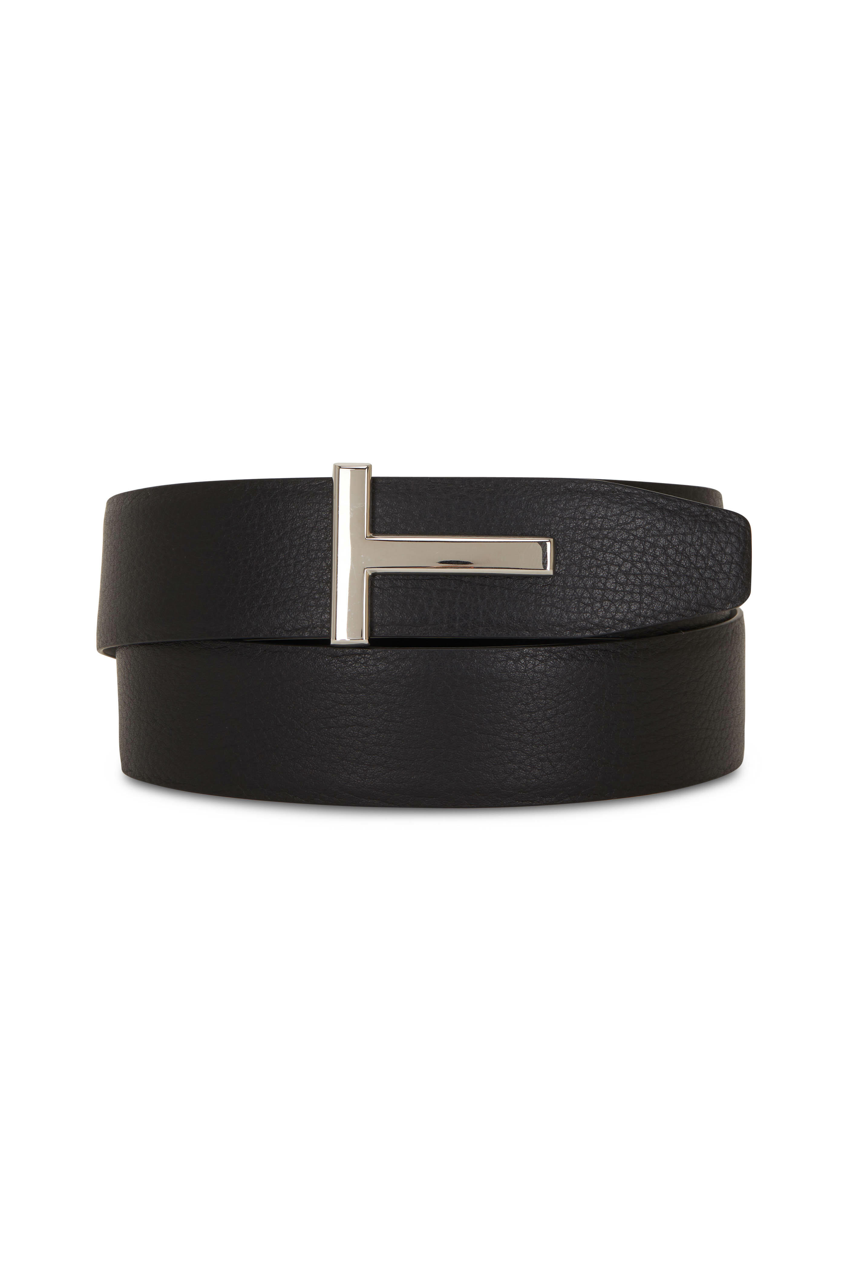 Tom Ford - Black Glossy & Grained Leather Reversible T-Belt