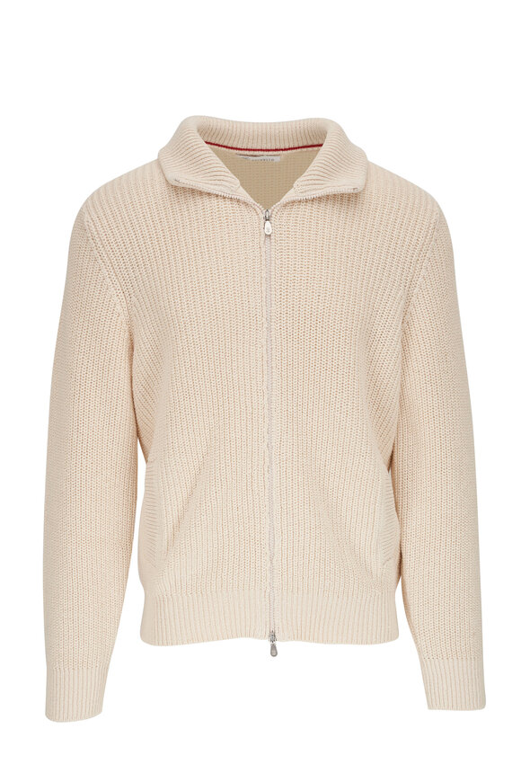 Brunello Cucinelli Off White Cotton Ribbed Full Zip Sweater