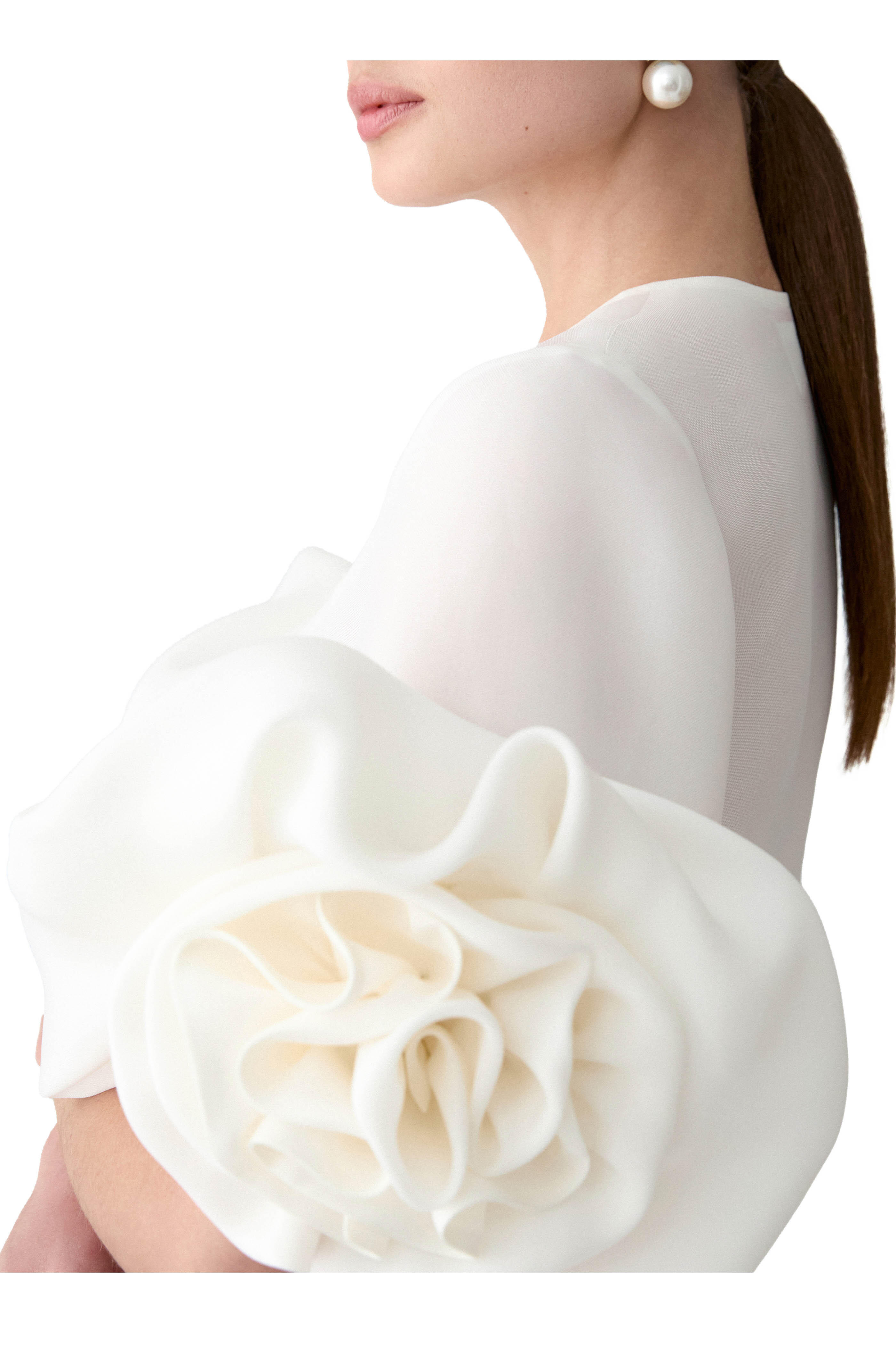 Carolina Herrera - Gazar White Rosette Sleeve Silk Blouse