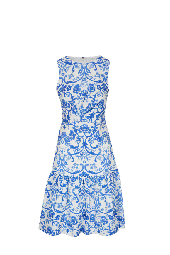 Carolina Herrera - Blue & White Floral Ruffle Hem Dress 