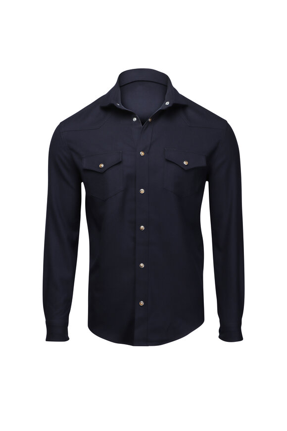 Marco Pescarolo Navy Wool Snap Overshirt