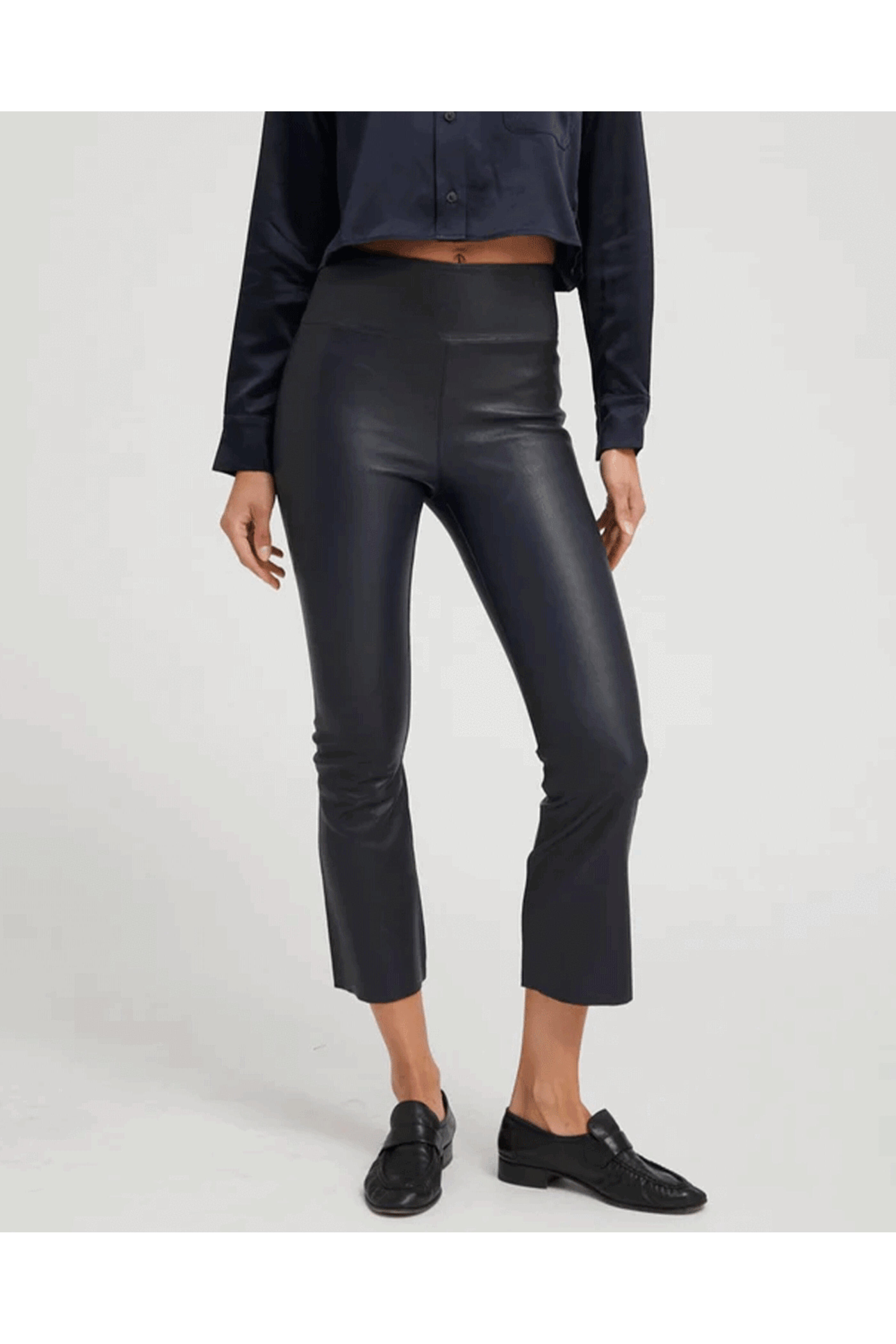 SPRWMN - Leather Crop Flare Legging in Navy