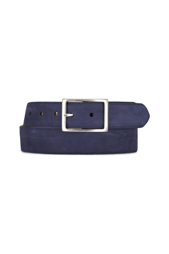 W Kleinberg Blue Suede & Brass Square Buckle Belt 