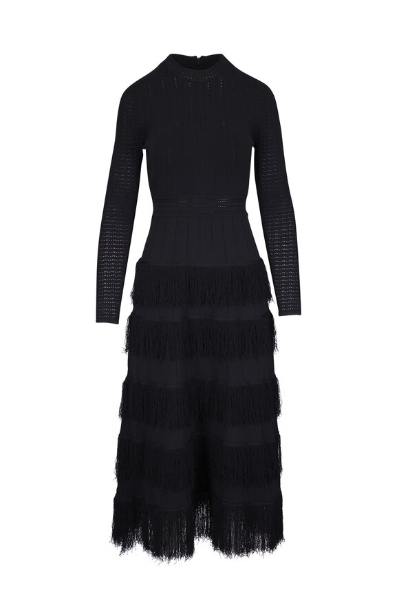 Lela Rose Piper Black Fringe Knit Dress