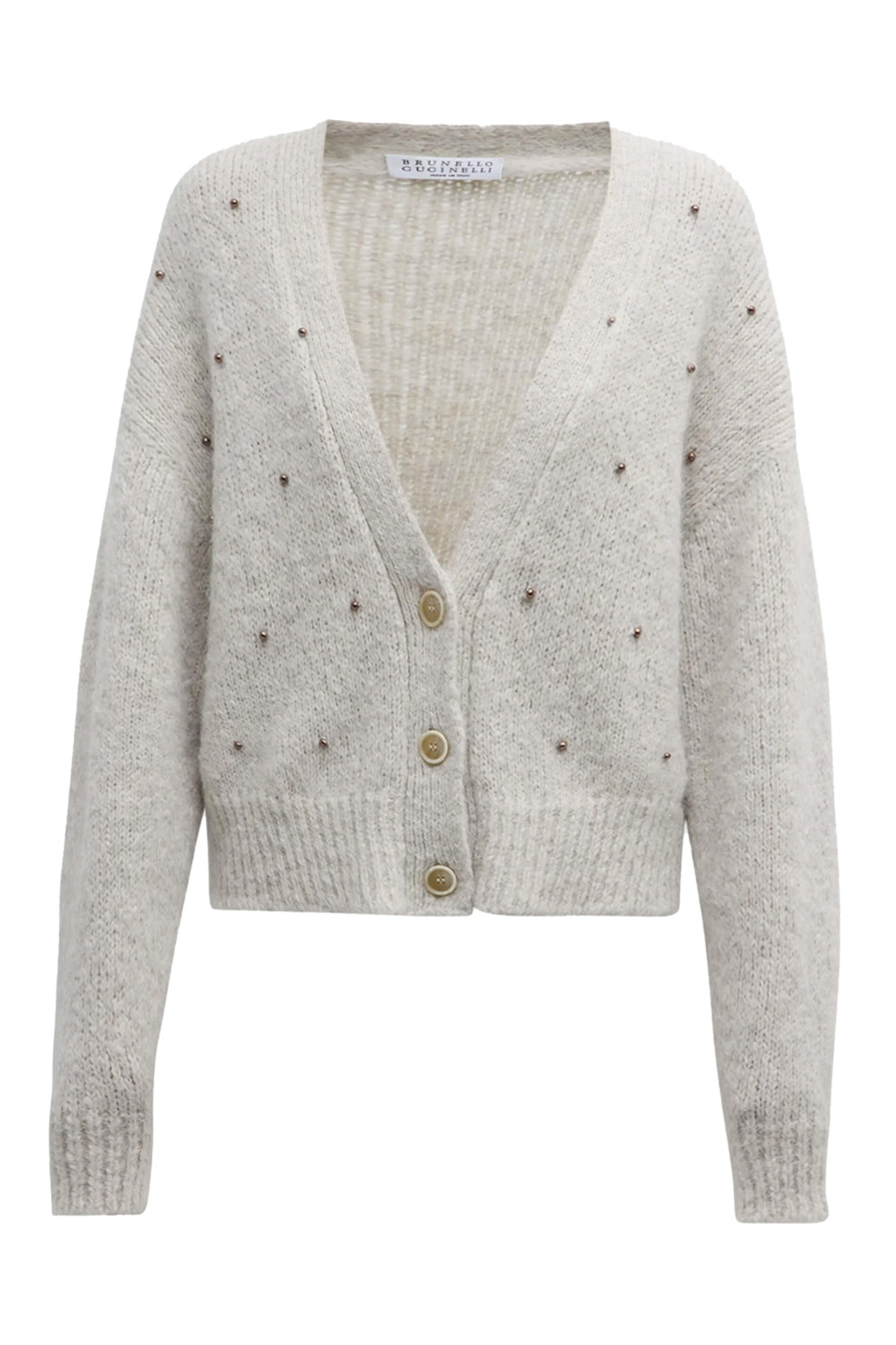 Brunello Cucinelli - Pearl Grey Embellished V Neck Cardigan