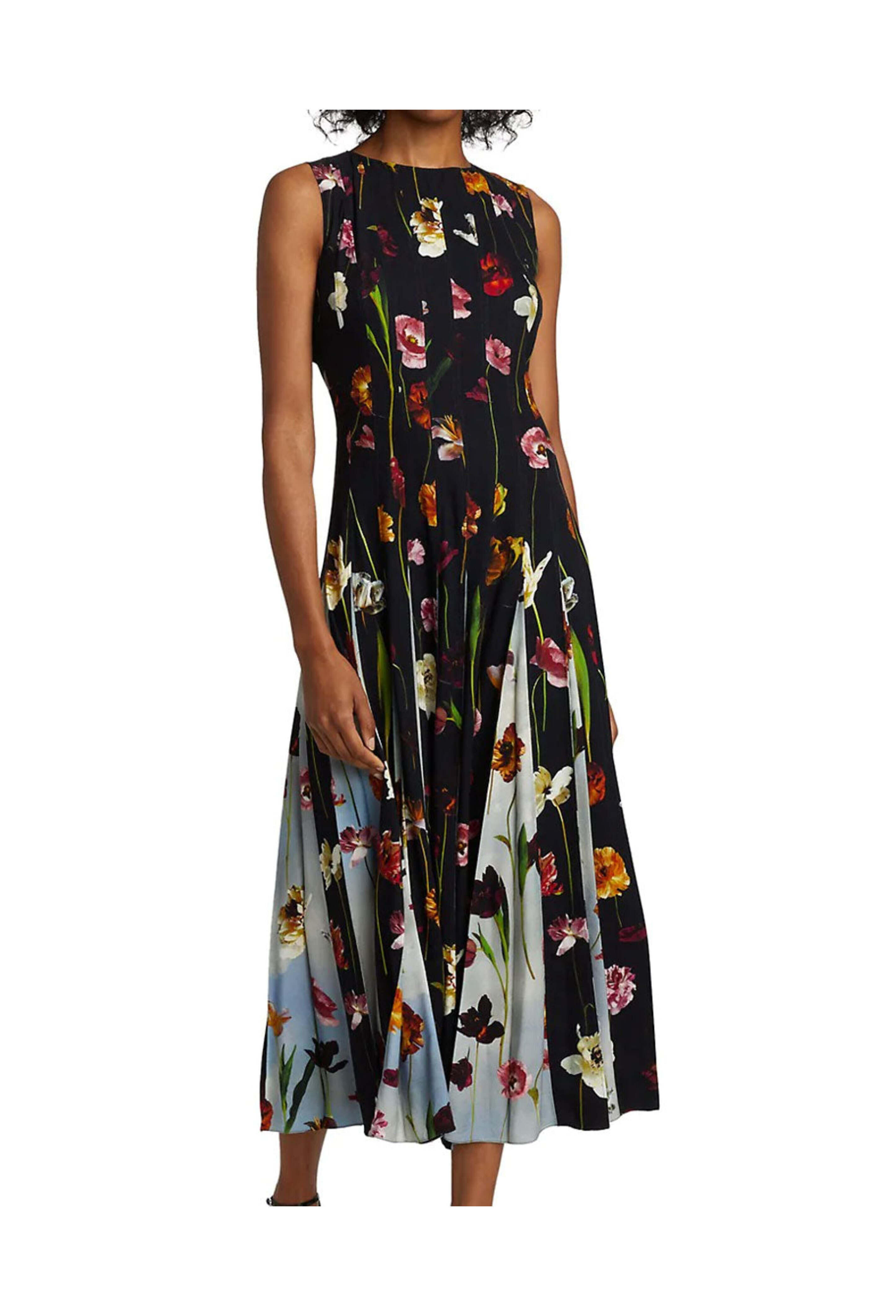 Oscar de la Renta - Navy Floral Sleeveless Inset Midi Dress
