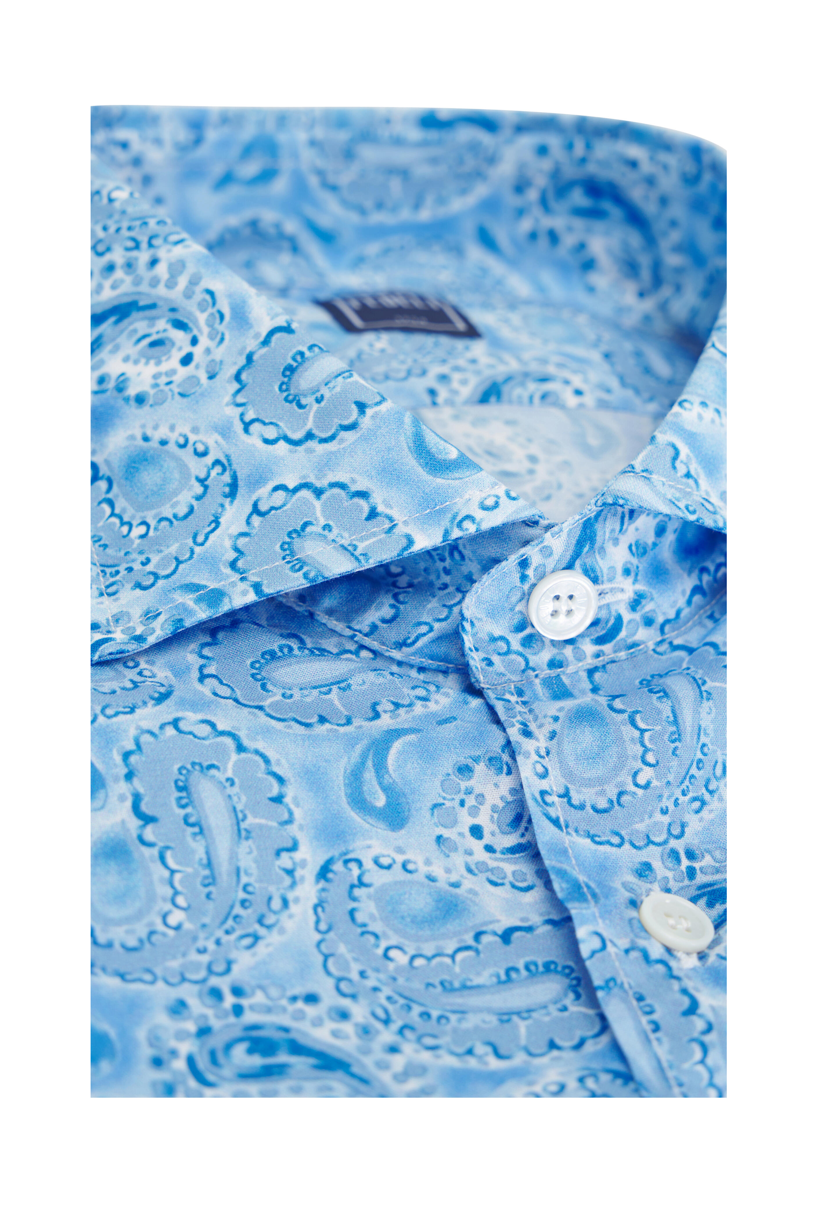 Fedeli - Light Blue Paisley Print Cotton Sport Shirt