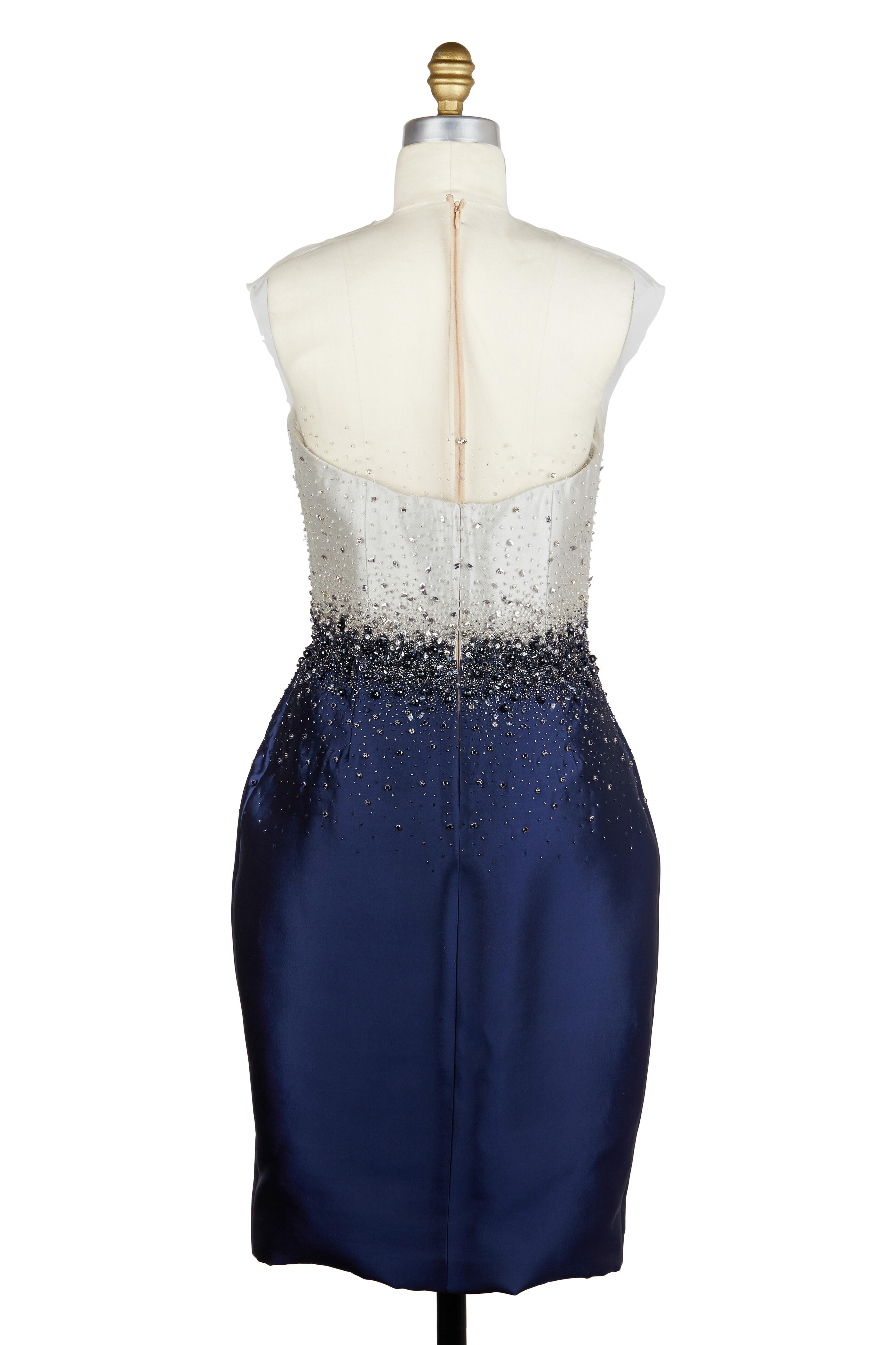 Reem Acra - Platinum & Navy Blue Silk Blend Illusion Dress
