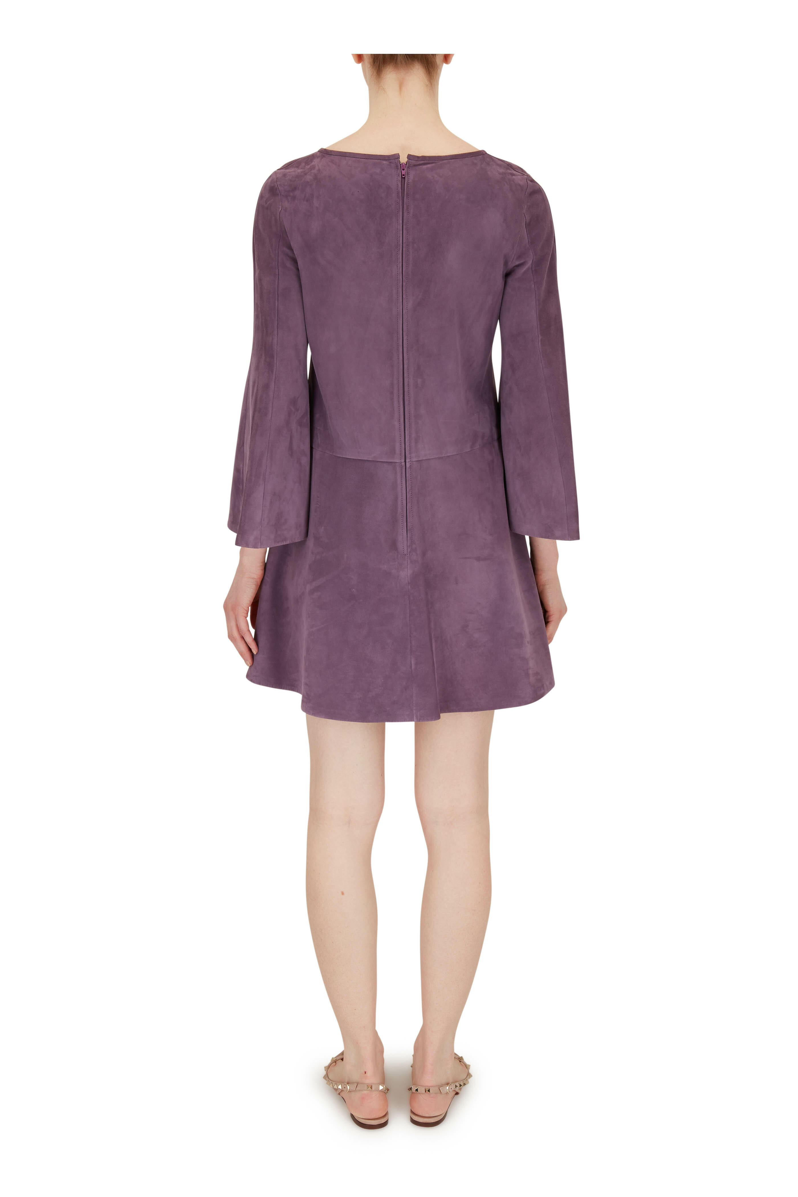 Valentino - Violet Suede V-Neck Bell Sleeve Dress
