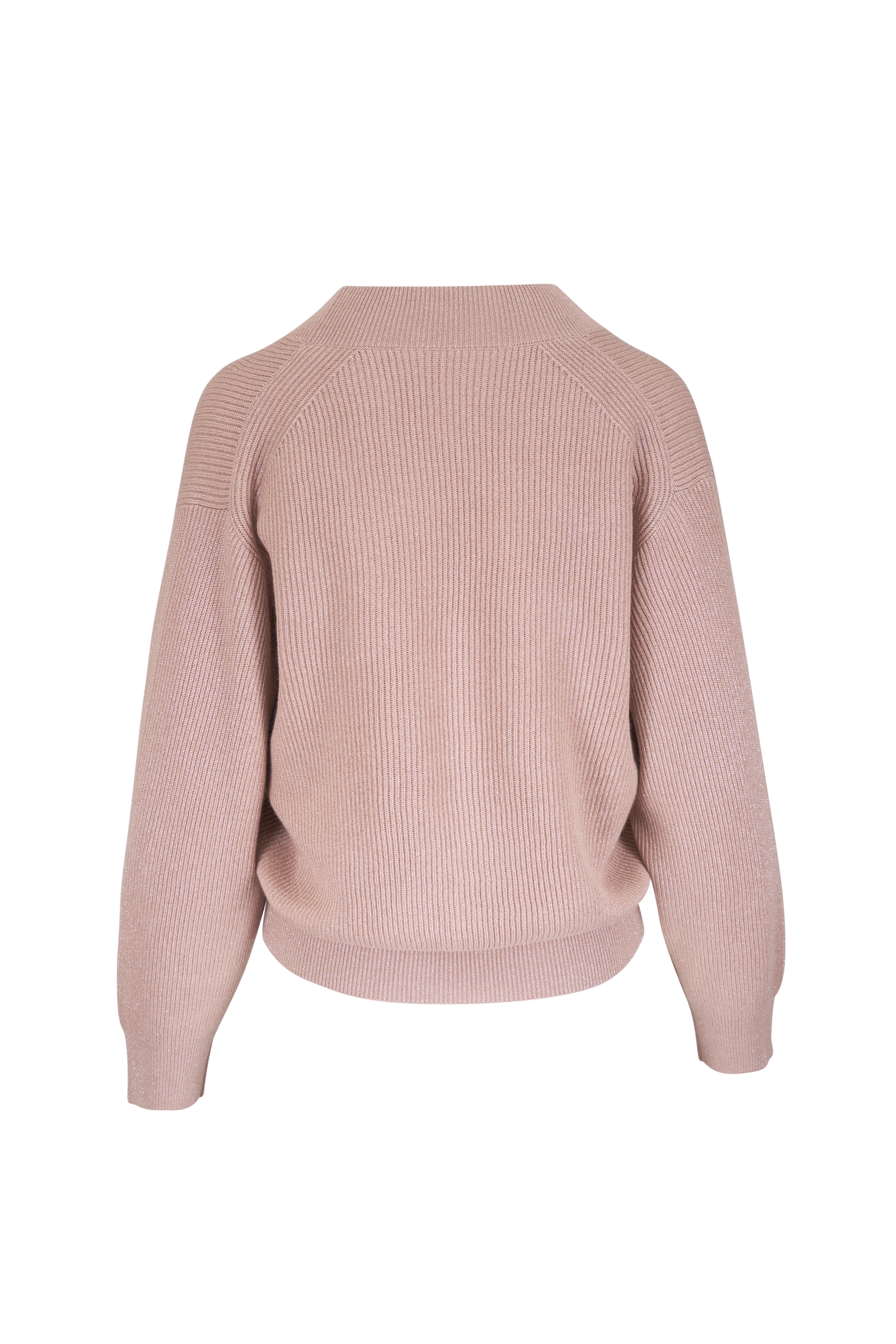 Brunello Cucinelli - Pink Sparkling Ribbed V-Neck Sweater