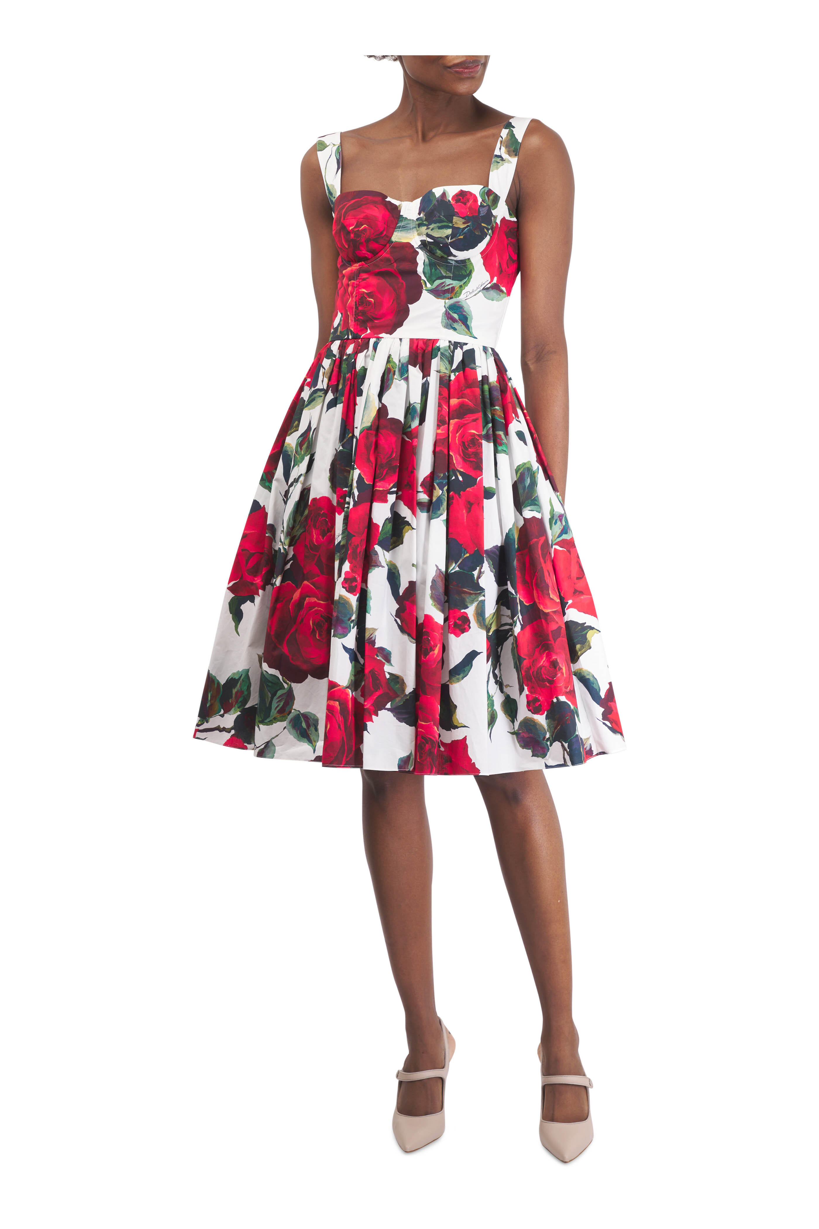 Dolce & Gabbana - Red Rose Print Cotton Poplin Corset Dress