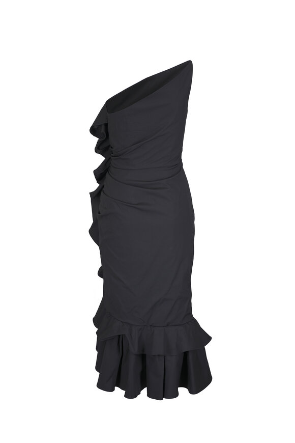 Carolina Herrera Black Asymmetric Ruffled Ruched Midi Dress - view 5