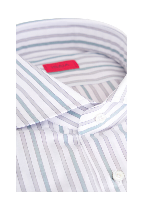 Isaia Gray, White & Teal Stripe Cotton Dress Shirt - view 4
