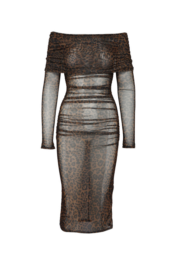 LaPointe Animal Print Mesh Off Shoulder Midi Dress