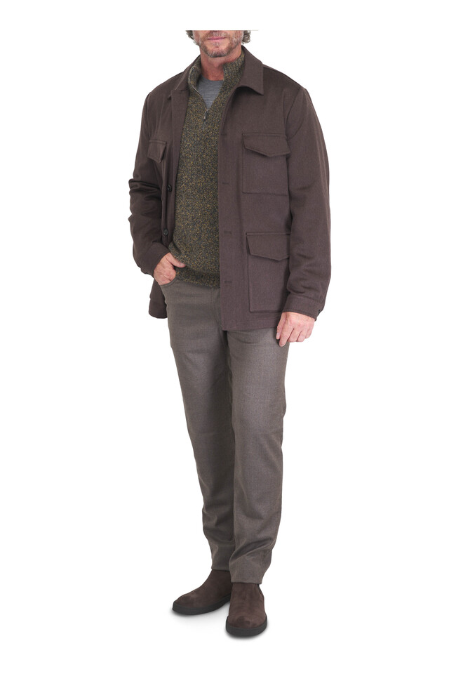 Designer outfit featuring Brown Wool Five Pocket Pant, Dark Green & Gray Boucle Quarter Zip Sweater and 2 other pieces