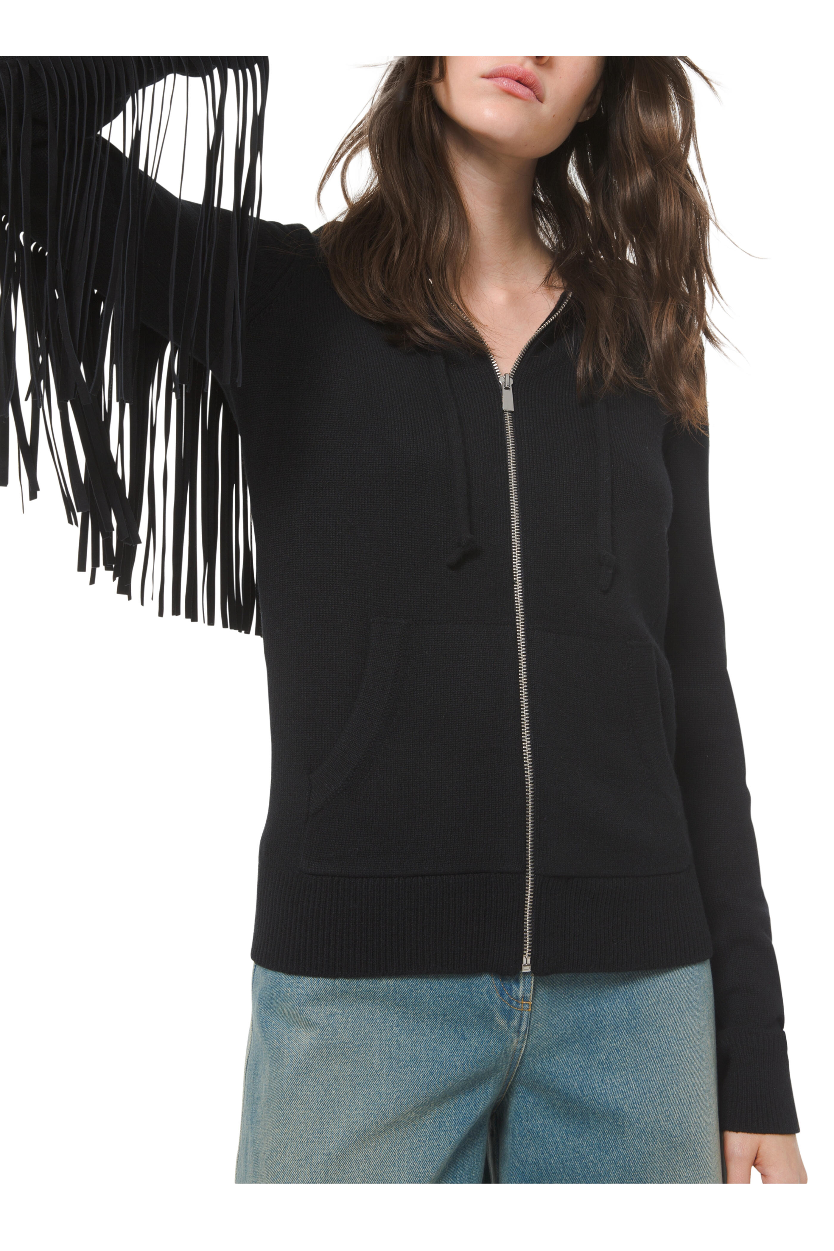 Michael Kors Collection - Black Cashmere & Leather Fringed Zip Hoodie