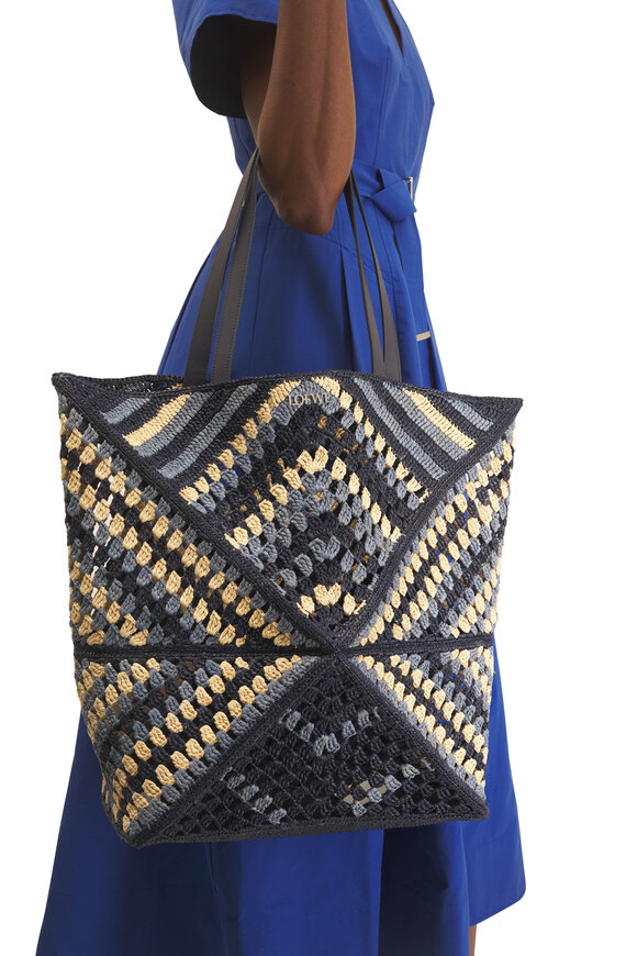 Loewe XL Crochet Navy & Sky Blue Puzzle Fold Tote - view 2