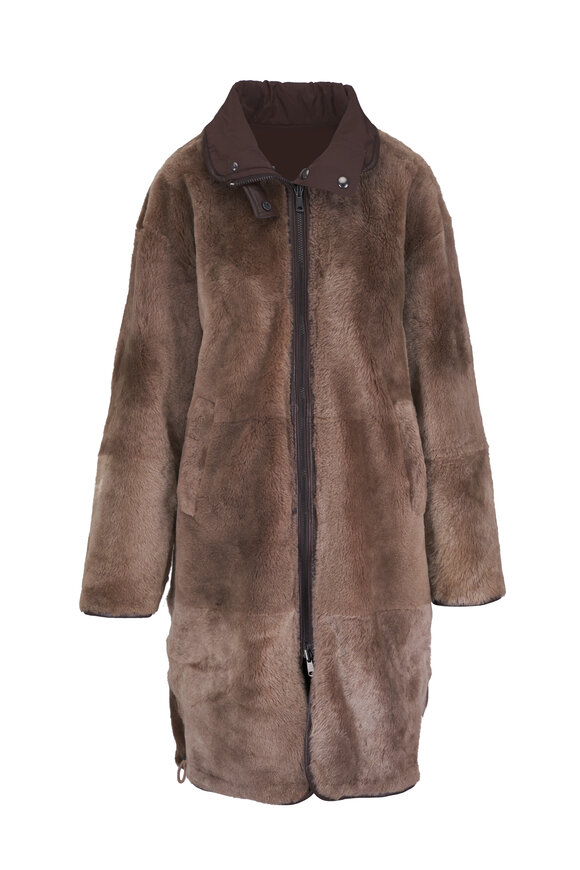 Brunello Cucinelli Fossil Brown Reversible Shearling Coat - view 1