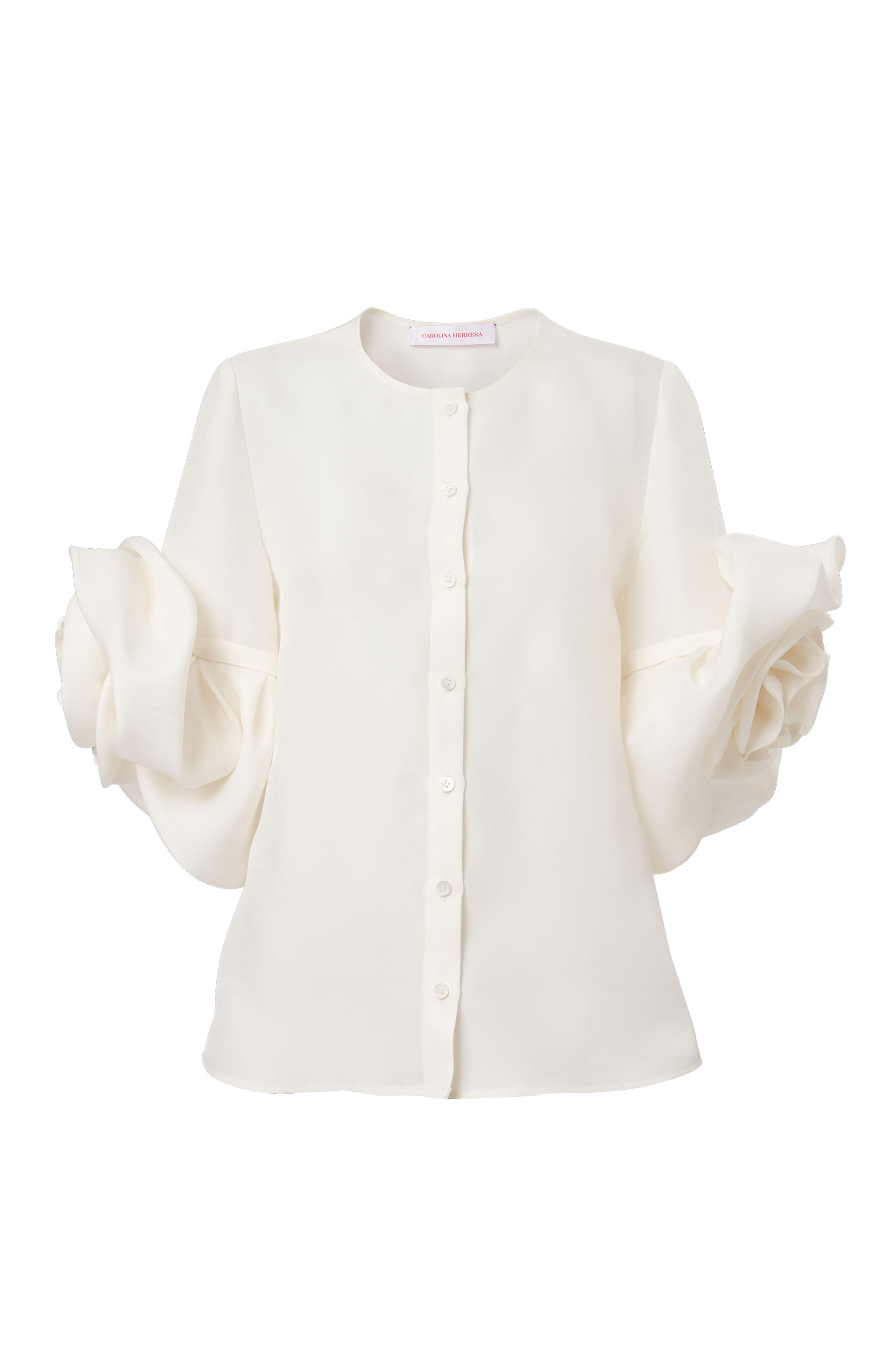 Carolina Herrera - Gazar White Rosette Sleeve Silk Blouse