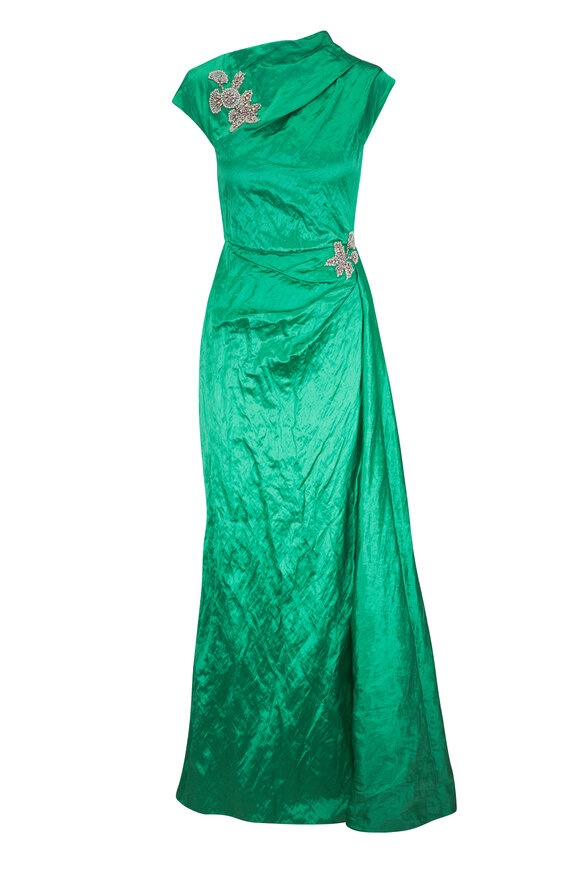 Erdem Sea Green Textured Satin Embellished Gown
