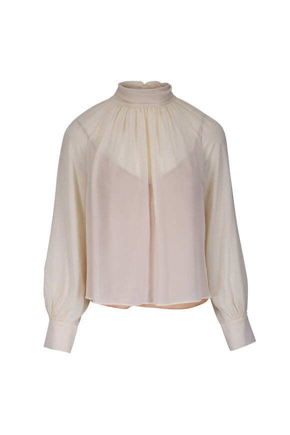 Vince Cream Gathered Draped Neck Crepe Blouse