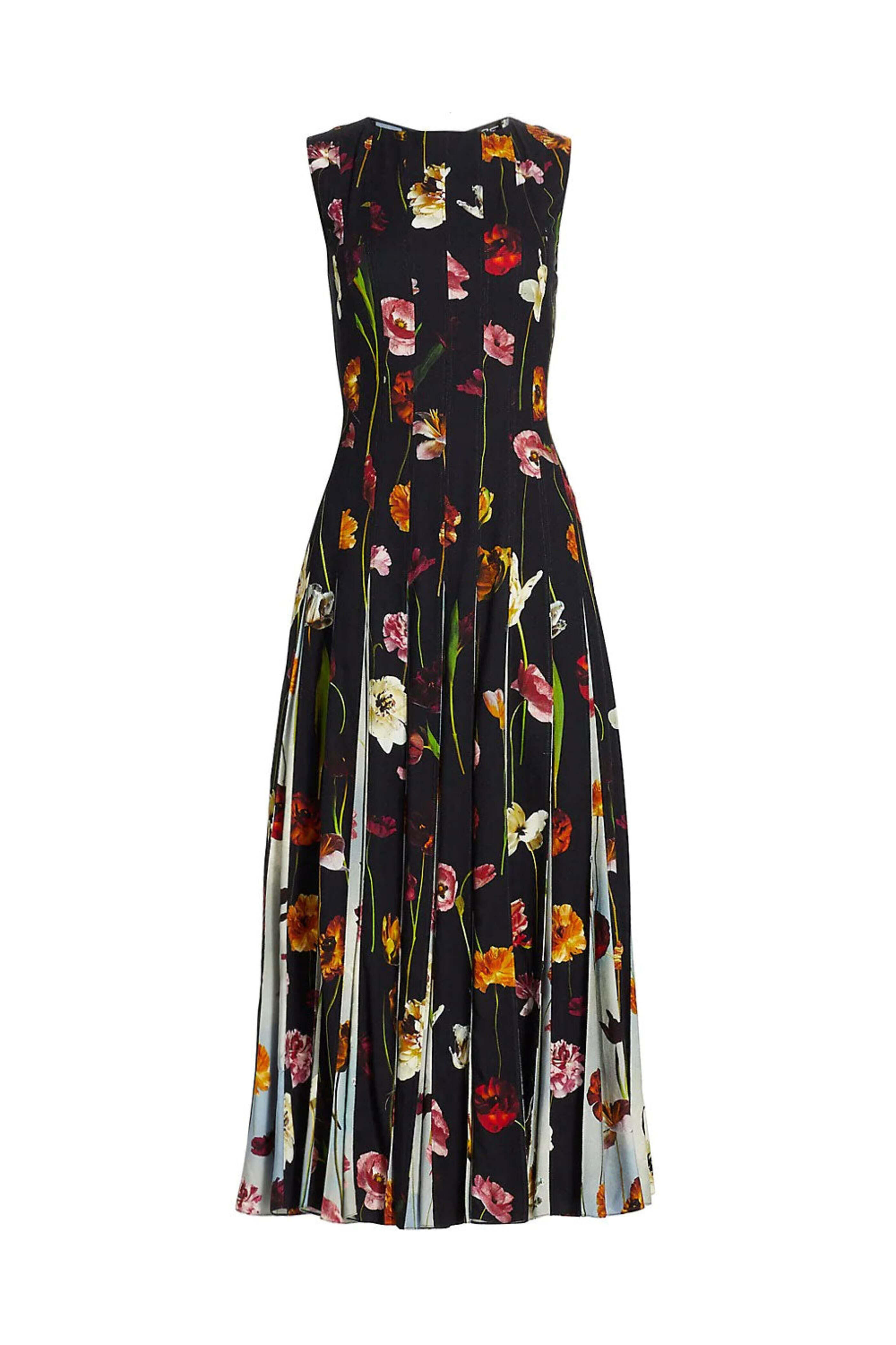Oscar de la Renta - Navy Floral Sleeveless Inset Midi Dress