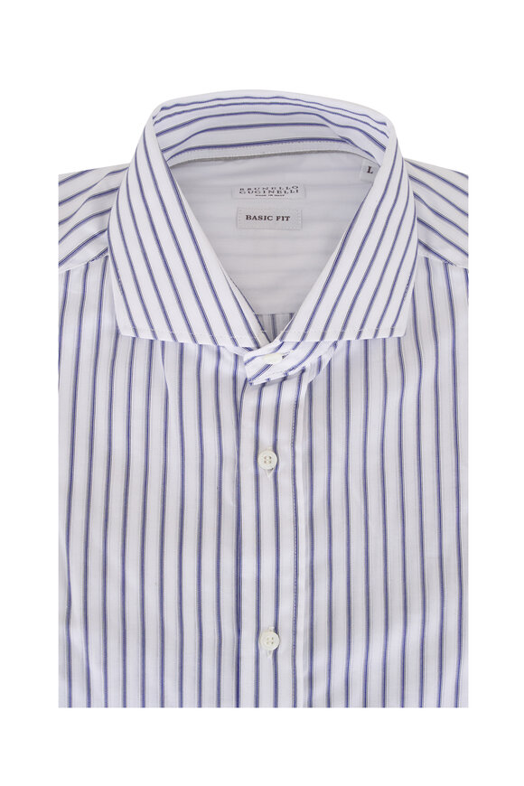 Brunello Cucinelli White & Navy Stripe Cotton Sport Shirt - view 1