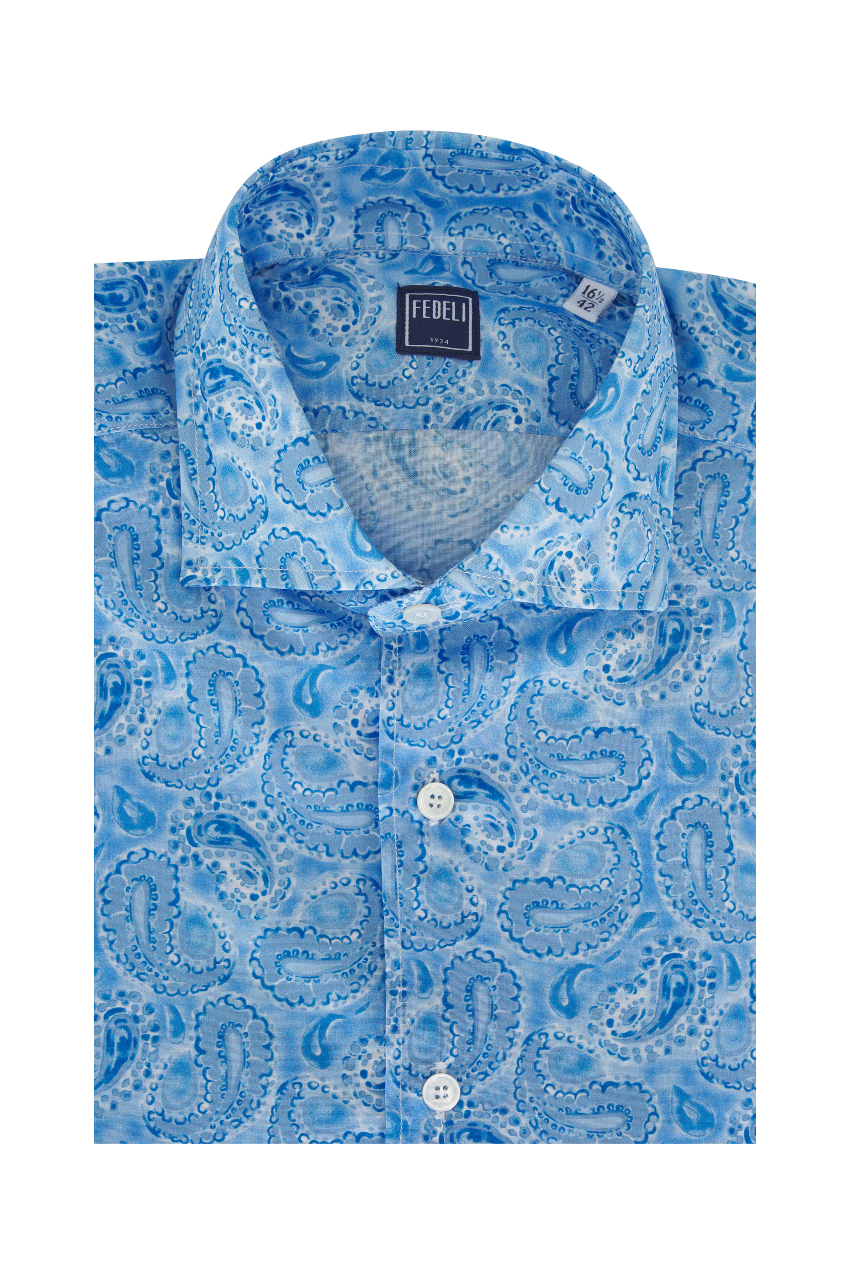 Fedeli - Light Blue Paisley Print Cotton Sport Shirt