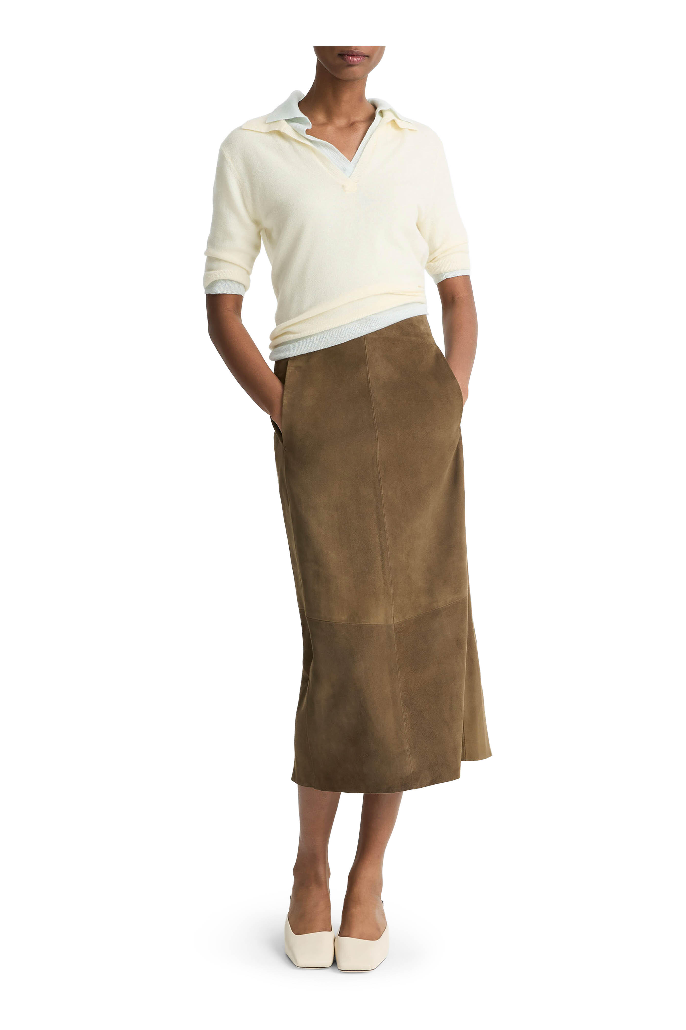Vince - Hazel Vine Suede Slim Paneled Midi Skirt