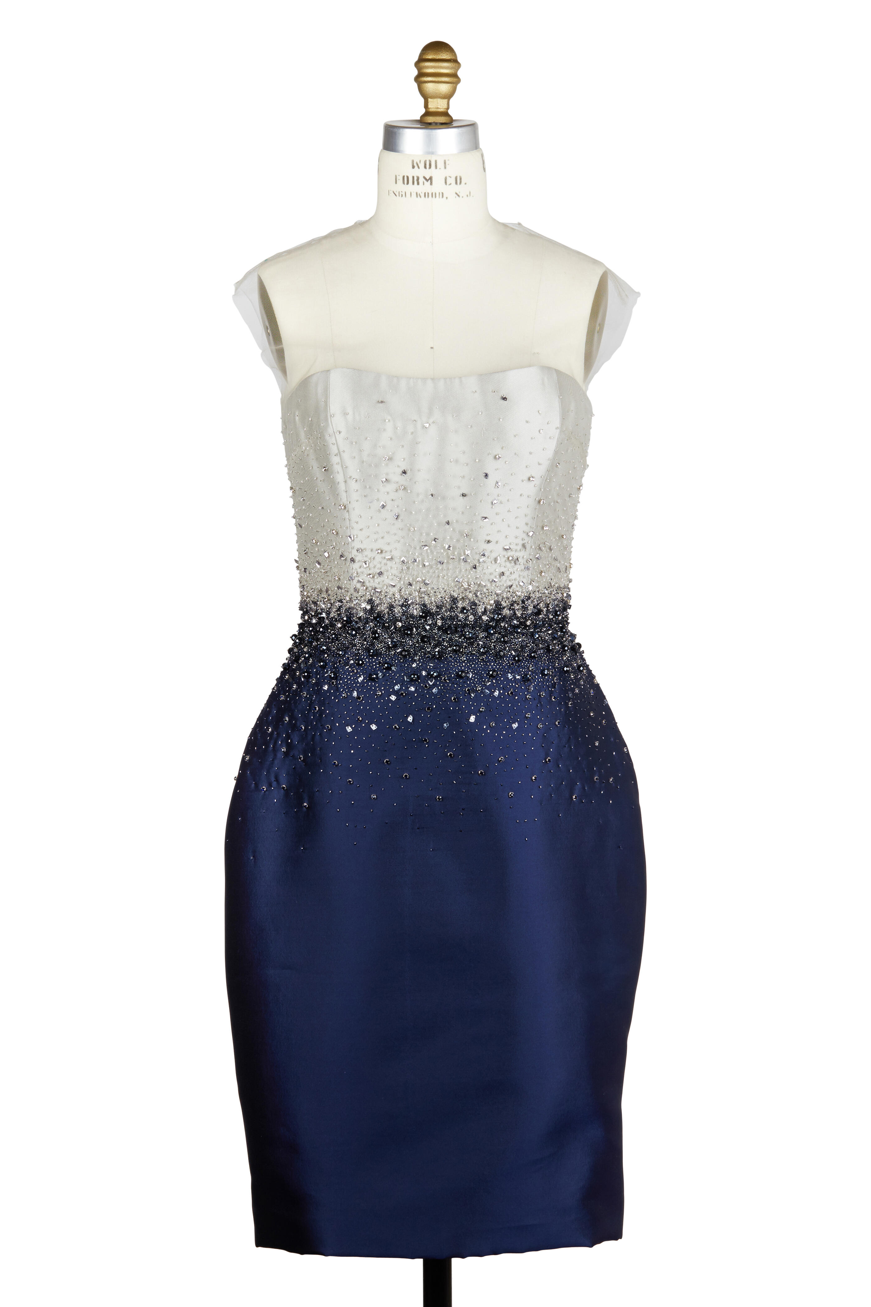 Reem Acra - Platinum & Navy Blue Silk Blend Illusion Dress