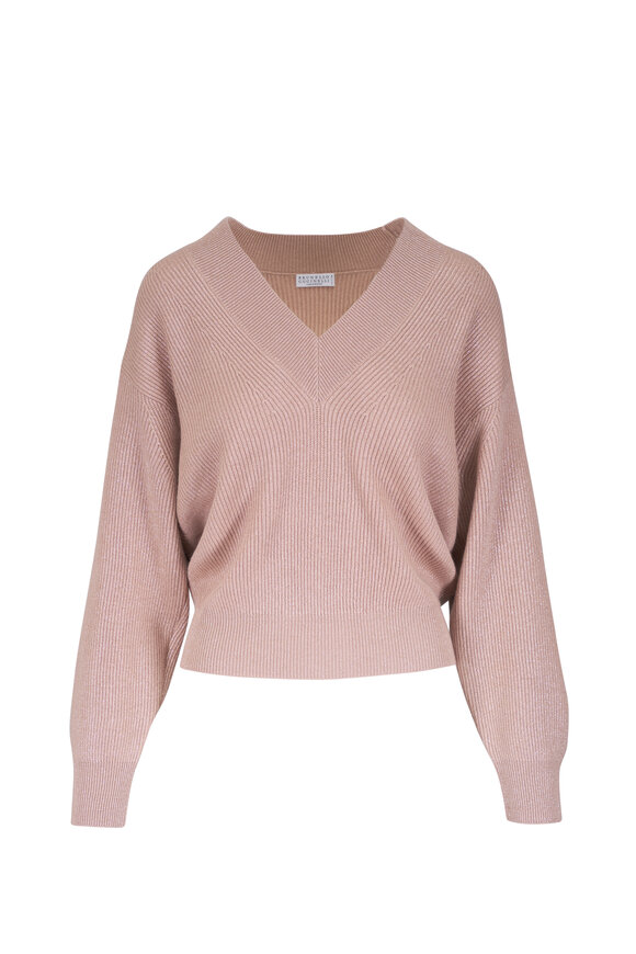 Brunello Cucinelli Pink Sparkling Ribbed V-Neck Sweater
